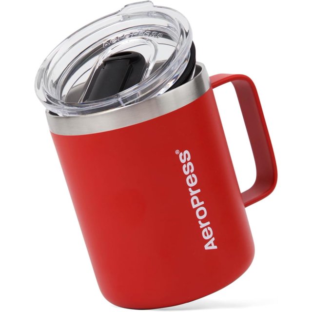 Tasse à Café de Voyage AeroPress avec Poignée, Acier Inoxydable à Double Paroi Isolé sous Vide avec Couvercle Coulissant Résistant aux Éclaboussures, Compatible avec Boissons Chaudes Ou Froides, Va au Lave-Vaisselle, 12 oz, Rouge