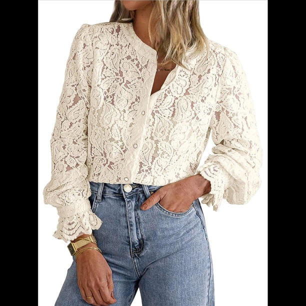 Blusa Informal Elegante de Encaje para Mujer, Camisa de Larga con Botones, Ropa de Moda para y Otoño Albaricoque S