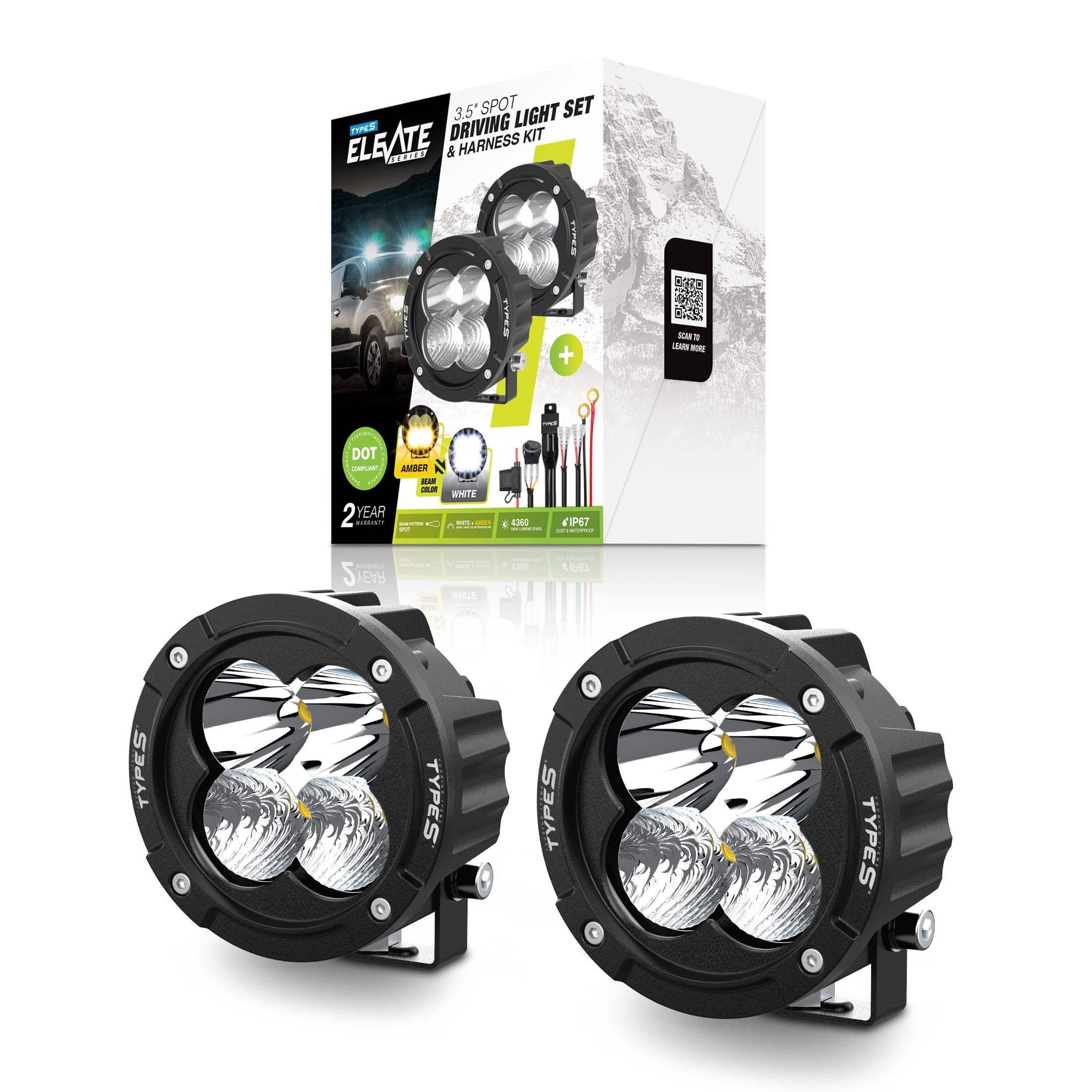 (2 pack) TYPE S Elevate 3.5 inch Spot Beam Round Pod Light Set and Harness Kit - DOT Compliant - 4,360 Total Raw Lumens, Waterproof, Die-Cast, Off Road Lights, Truck, Jeep, UTV, ATV, SUV, 2 Pack