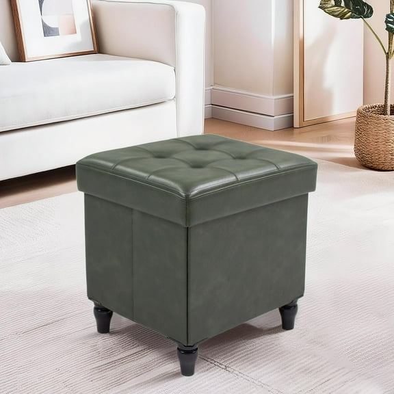 Storage Ottoman Bench, 15 Inches Foldable Ottoman Foot Stool with Legs, PU Leather Footrest for Living Room, Bedroom, Dorm (Green)