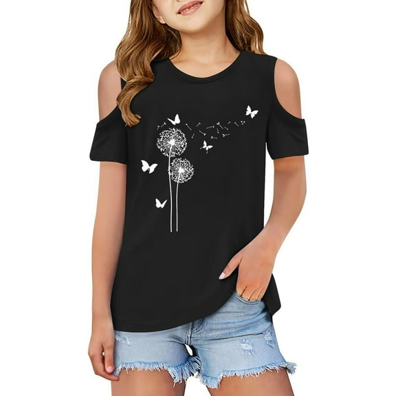 WOYY Toddler Girls Cold Shoulder Graphic T-Shirt Casual Short Sleeve T Shirt, Sizes 3-12
