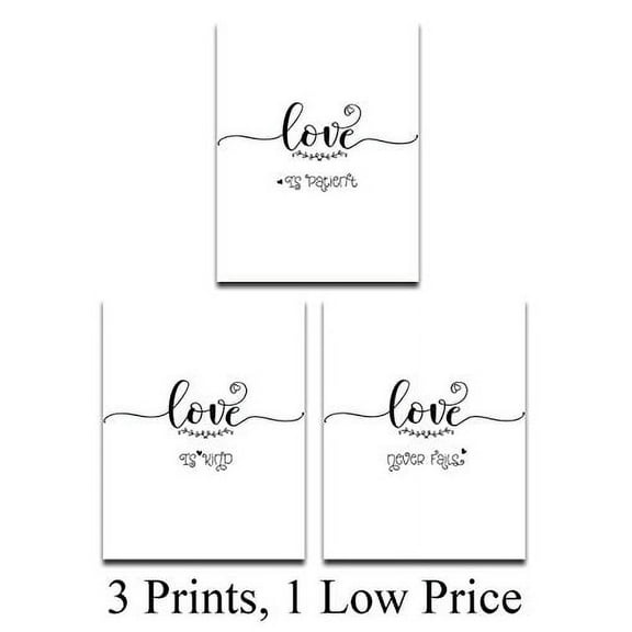 Love is Patient Love is Kind Love Never Fails - Set of 3-11x14 Unframed Typography Art Prints - Great Inspirational Gift