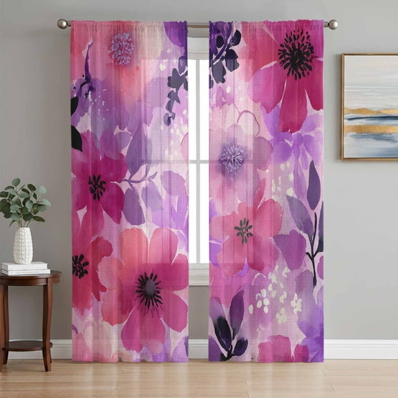 Spring Floral Sheer Curtains 63 Inch Length 2 Panels Set Window Treatments, Watercolor Flowers Leaves Vintage Beige Rod Pocket Semi Curtains for Living Room/Bedroom/Kitchen Décor, 104"W x 63"L