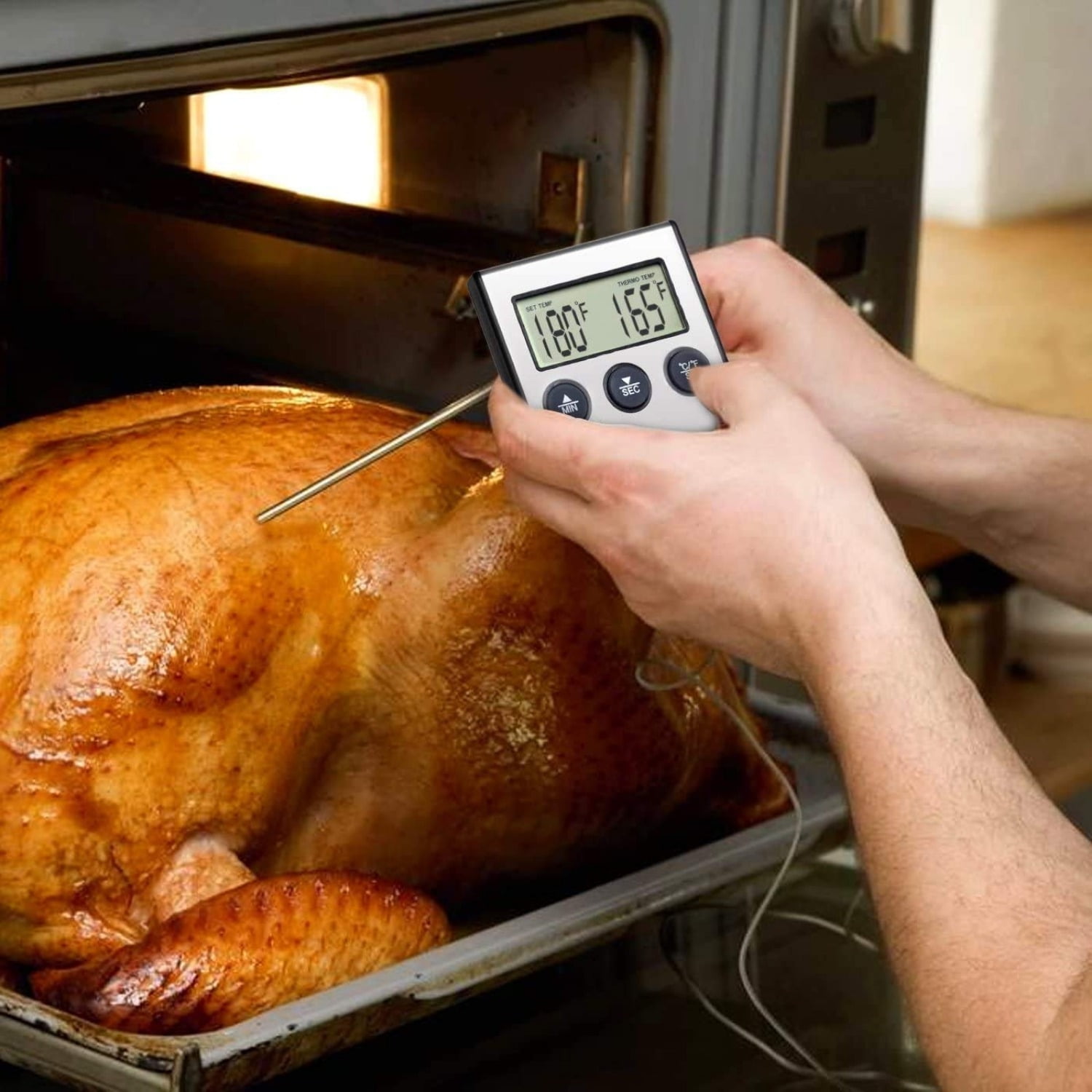 Digital Oven Meat Thermometer 2 Pack with Probe, Large LCD Instant Read Grill Thermometer & Timer for Smoker BBQ Turkey Kitchen Roasting, Stainless Steel