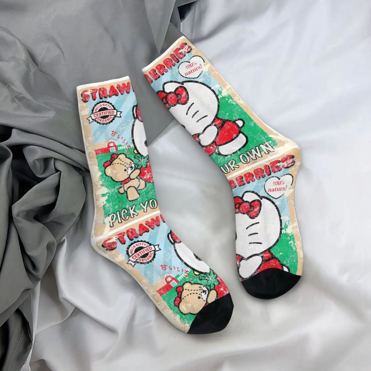 Harajuku Hello Kitty Strawberry Picking Farm Football Socks Polyester ...