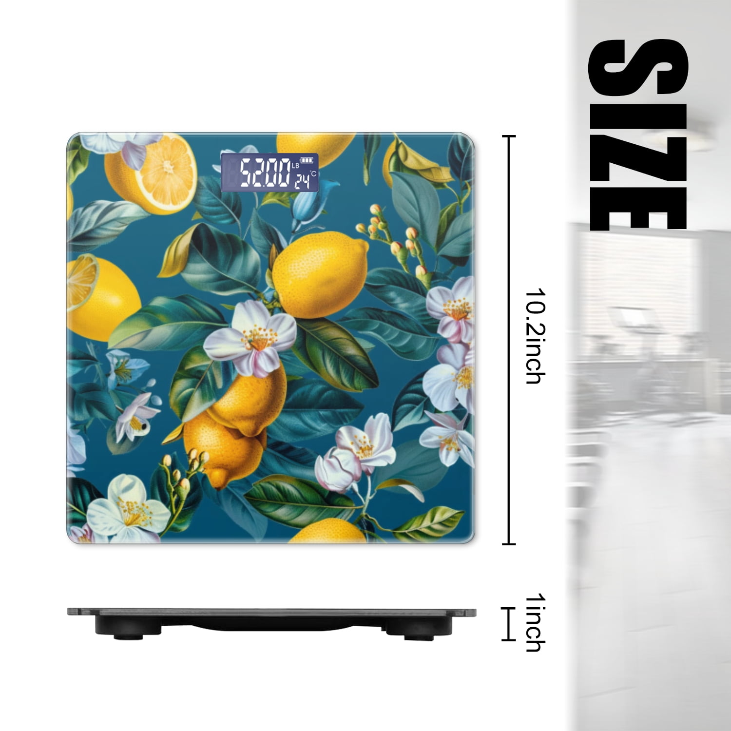 Bathroom Scale, Highly Accurate Digital Body Scale,Precisely Measures Weight up to 400 lbs-Lemons And White Flowers On Dark Blue Background