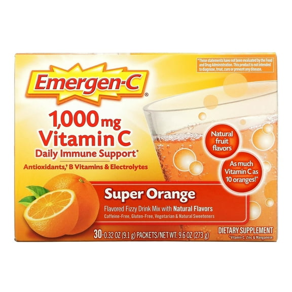 Emergen-C 1000Mg Vitamin C Powder for Immune Support Super Orange, 30 Count, 0.32 Oz Packets