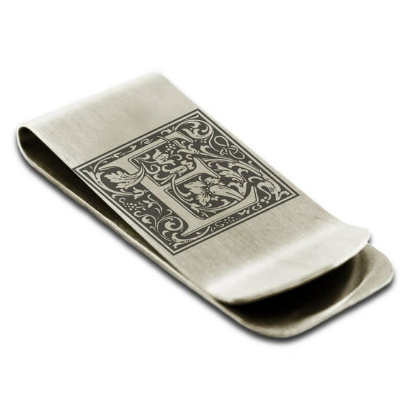Tioneer Stainless Steel Letter E Initial Floral Box Monogram Engraved Engraved Money Clip Credit Card Holder