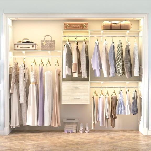 Homieasy 20- 96 Inch Wall Mounted Closet System with 2 Wood Drawers, Shelves, and Hanging Rods, White Oak