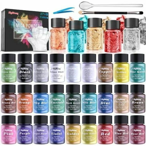 Mica Powder 32 Pearlescent Epoxy Resin Color Pigments Set: Natural Cosmetic Grade Pigment for Soap Dye Lip Gloss Nail Polish Makeup Epoxy Resin Candle Making Bath Bombs Slime 5g/0.18oz - Art & Craft