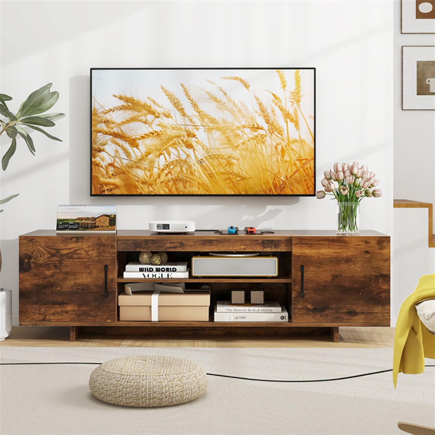 Demi Bonn TV Stand for 65" TVs, Entertainment Center with Power Outlet and 2 Cable Holes, Modern Media TV Console Table for Living Room Bedroom, Brown