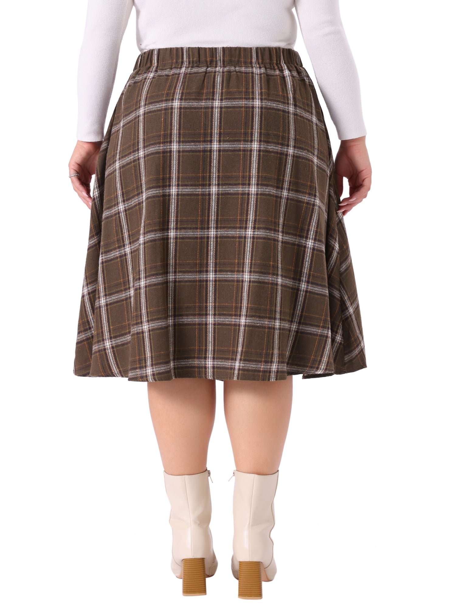 DARING DIVA Women's Plus Size A-line Plaid Printed Flare Midi Skirt 3X Brown