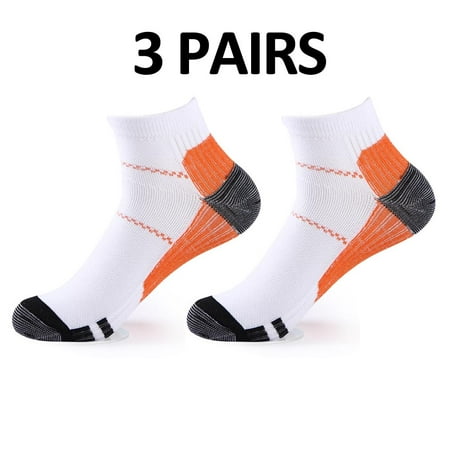 Plantar Fasciitis Socks 3 PAIR Heel Pain Foot Pain Relief Arch Support Running Gym Compression Foot Socks & Low Cut Foot Sleeves FREE Eyeglass Pouch by Juniper's Secret (White/Orange, S/M)