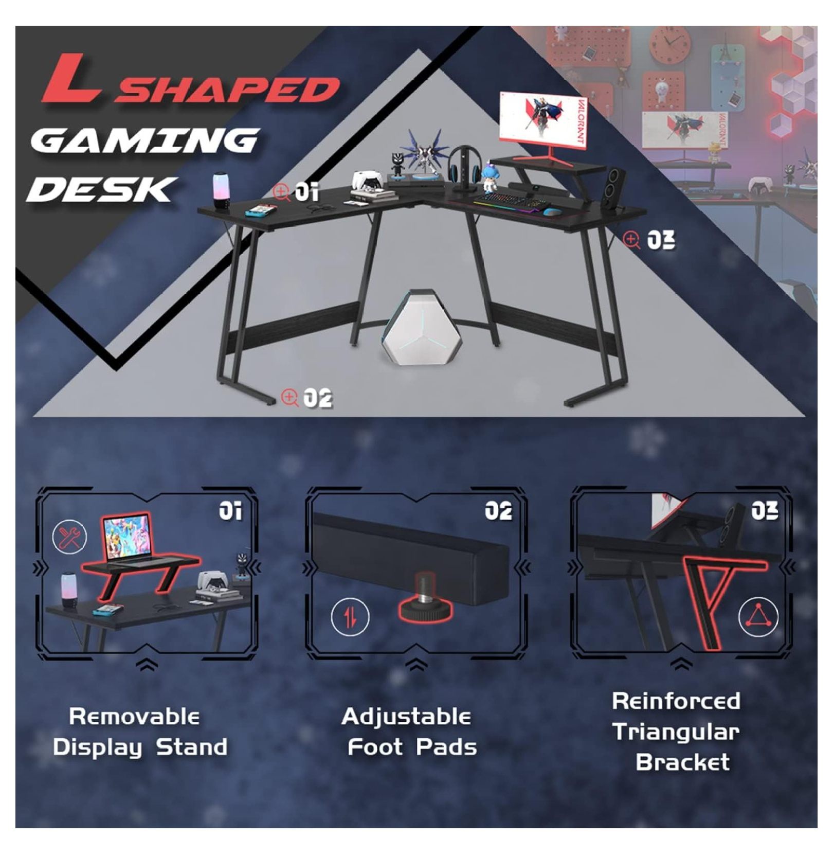 SONGMY L Shaped Gaming Desk Computer Corner Desk PC Gaming Desk Table with Large Monitor Riser Stand for Home Office Sturdy Writing Workstation (Classical Black, 51 Inch)
