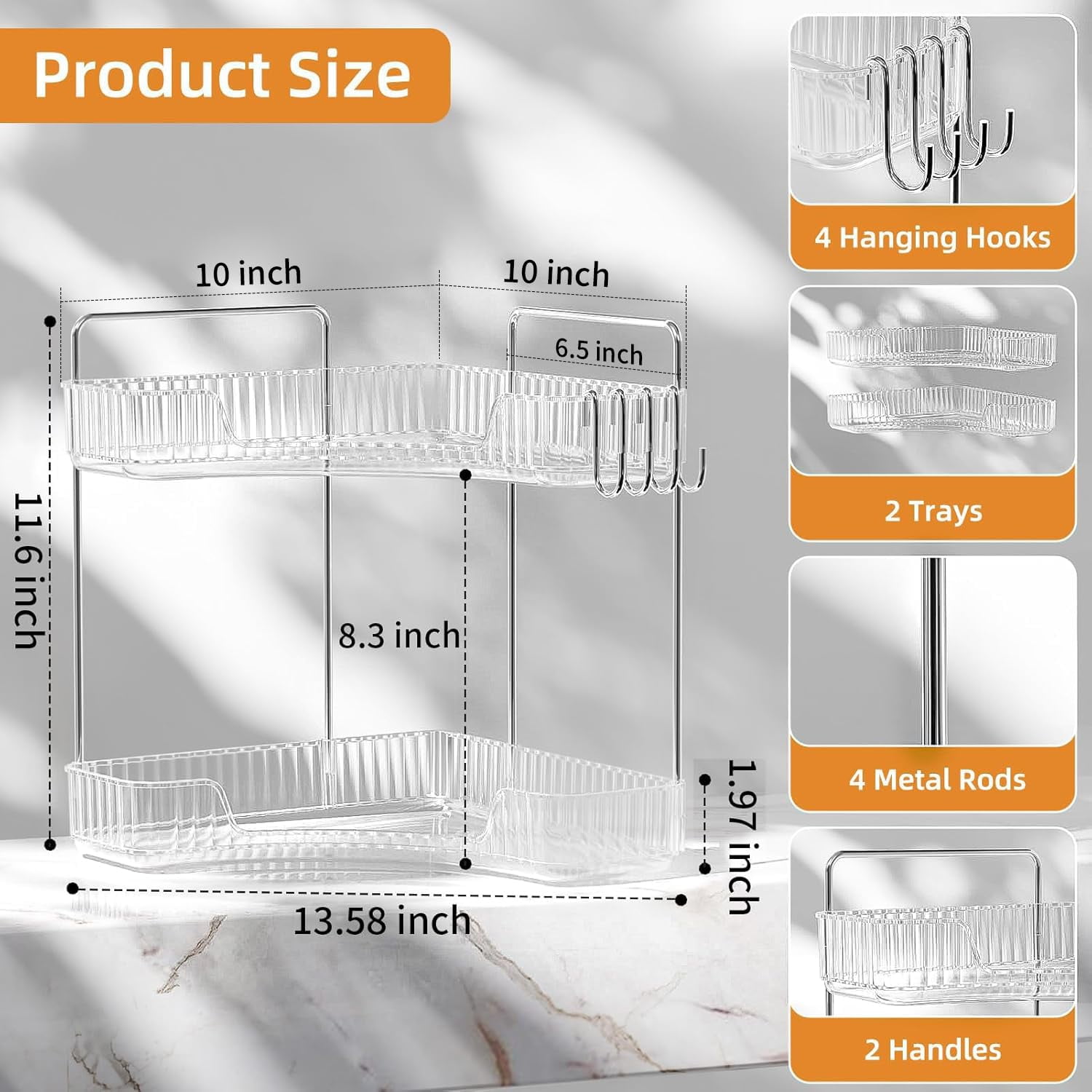 Subekyu 2 Tier Bathroom Counter Organizer Countertop,Plastic Bathroom Counter Organizer, Vanity Tray Sink Shelf with Hooks, for Makeup Storage (Clear)