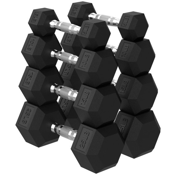 HANDBODE Hex Dumbbells, Rubber Encased Fixed, 110 lb Total, 5-25 lb Weights, Set of 2