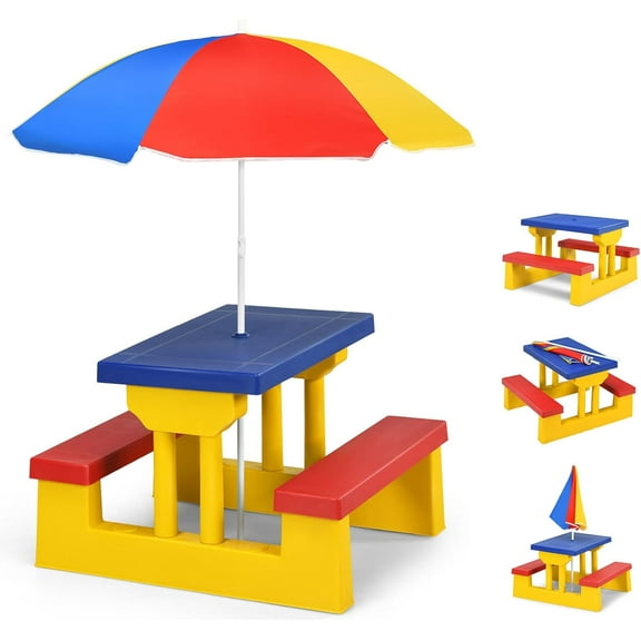 Adjustable Kids Picnic Table with Removable Umbrella, Portable Outdoor  Set for Indoor and Outdoor Use in Patio, Backyard or Garden
