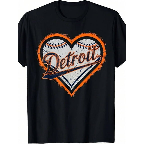 Detroit Heart Graphic T-Shirt - , Casual Crew Neck, Short Sleeve, Men's Fashion, Black With Orange & White Baseball Design, Lightweight 220g, Perfect For Casual Attire, Casual Wear | Crew Neck Tshi