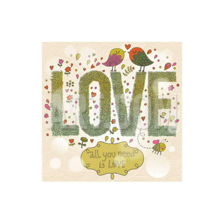 All You Need is Love. Stylish Romantic Card with Cute Birds and Insects. Bright Love Word Made of L Print Wall Art By