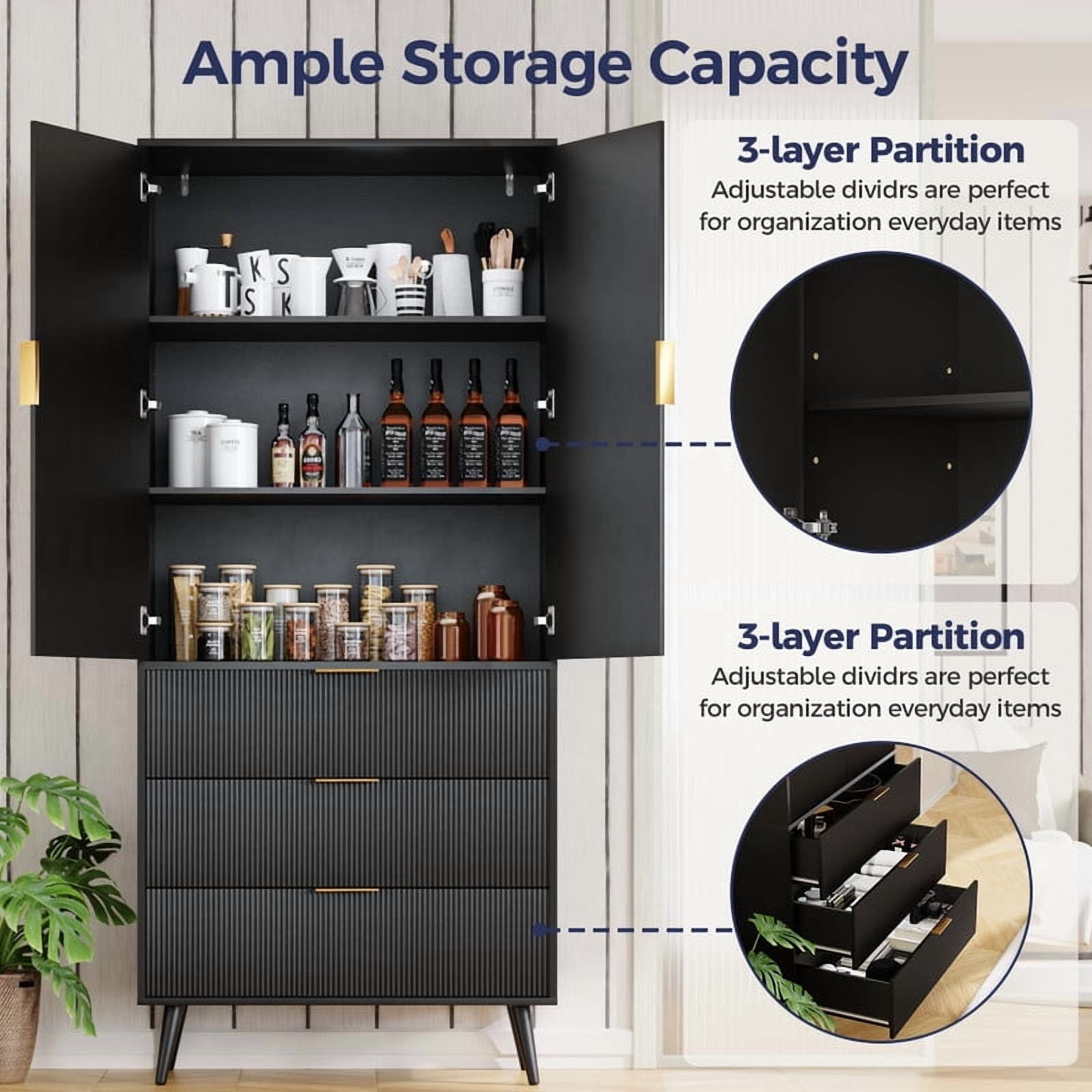 TOPCOMFY Modern Pantry Cabinet with 3 Drawers 2 Doors, Kitchen Storage Cupboard for Organization with Adjustable Shelves & Fluted Panel Design-Black