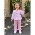 thumbnail image 3 of RUINIXCW Toddler Girls Fall Outfits Front Bow Striped Long Sleeve Shirt and Elastic Flare Pants Set 2 Piece Clothes, 3 of 8