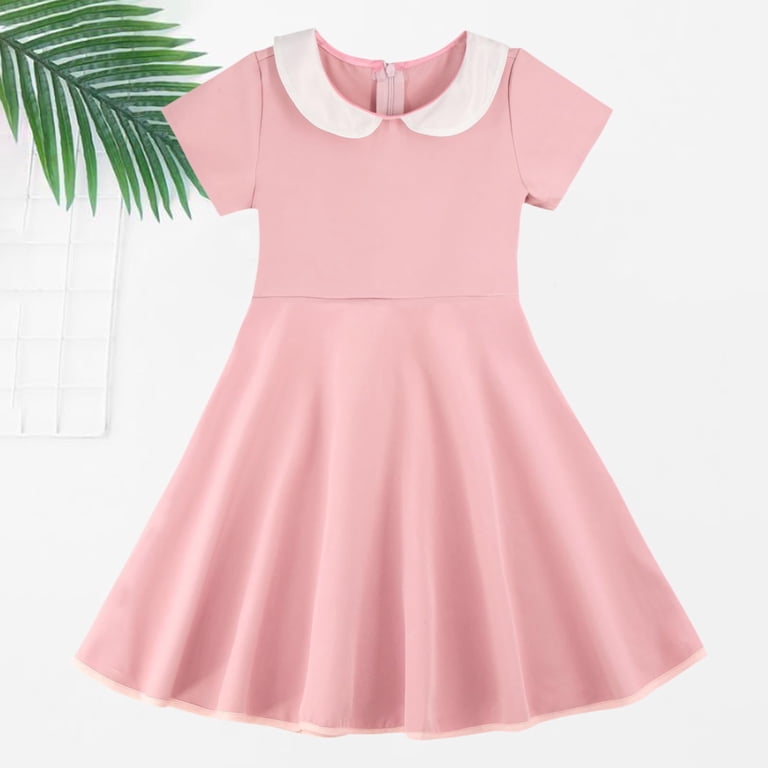 preppy dresses TIREOW Girls Summer Short Sleeve Dresses Solid Color Peter Pan Collar A Line Casual Soft Knit Play Dress Fully Lined It is made of 100% Cotton Ansley is wearing a size small Washing Instructions Preppy Dresses - Cute Mini,