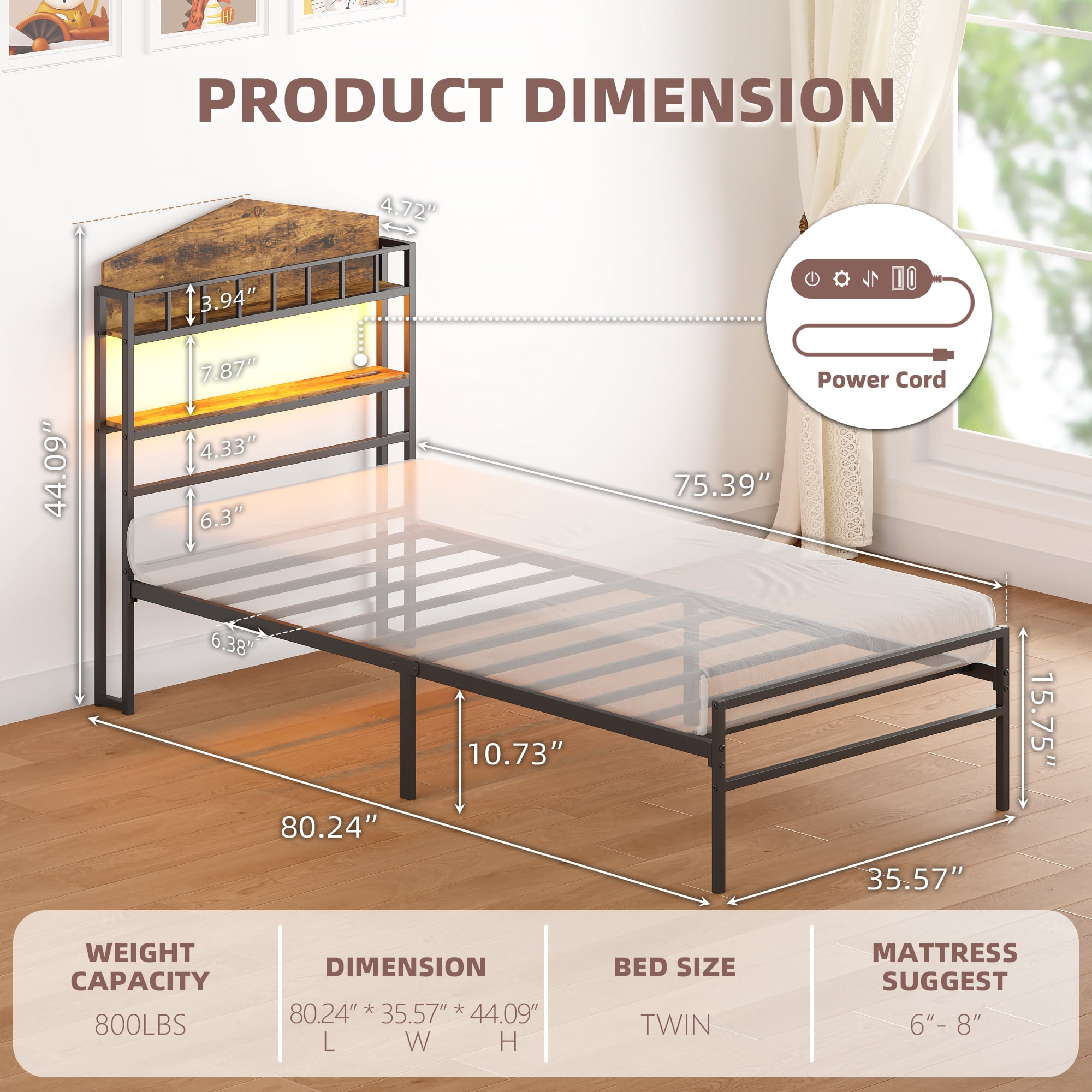 Yoneston Kids Twin Bed with 2 -Tier LED Storage Headboard & Charging Station, House-Shaped Platform Metal Bed Frame for Boys Girls Teens, Black