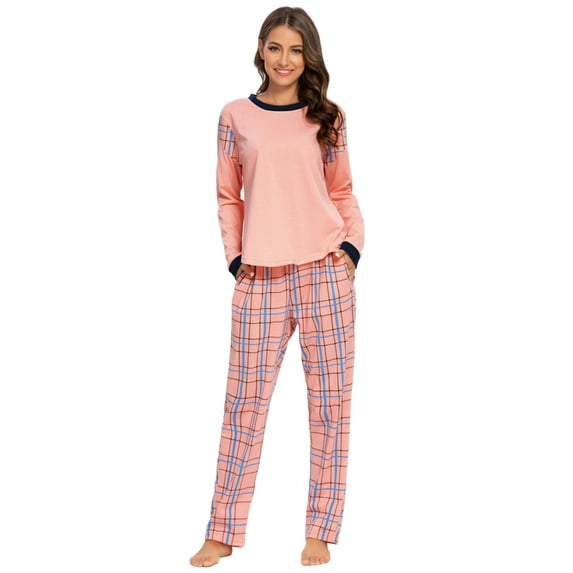 MintLimit Women's Pink Plaid Check Long Sleeve Shirt and Pants Pajamas Sleepwear Lounge Set