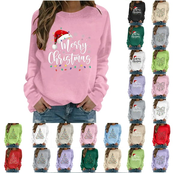 HOMBOM Womens Merry Sweatshirts Pink Crewneck Fleece Cute Christmas Casual Graphic Sweatshirt for Adult Xmas