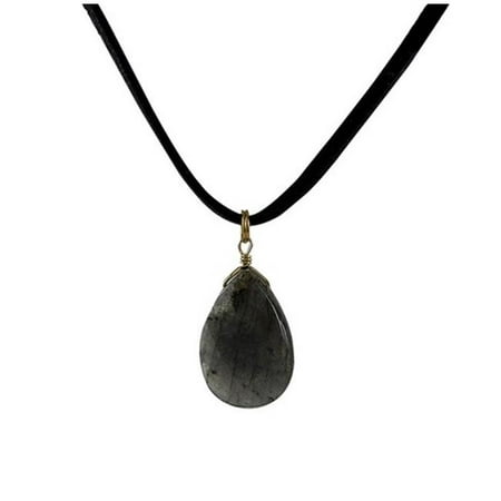 Black Labradorite Pendant Labradorite & Gray Semi Precious Teardrop Stone with Black Suede Chain Necklace, 16 in. ()