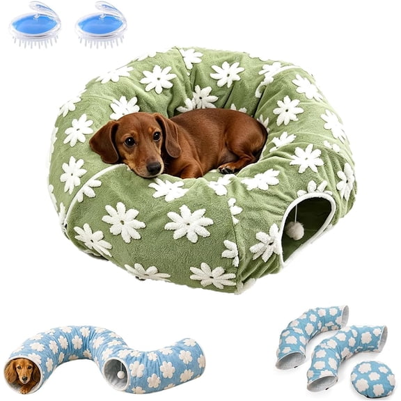Dachshund Tunnel Bed, 3 in 1 Foldable Plush Burrow Pet Cave,Green