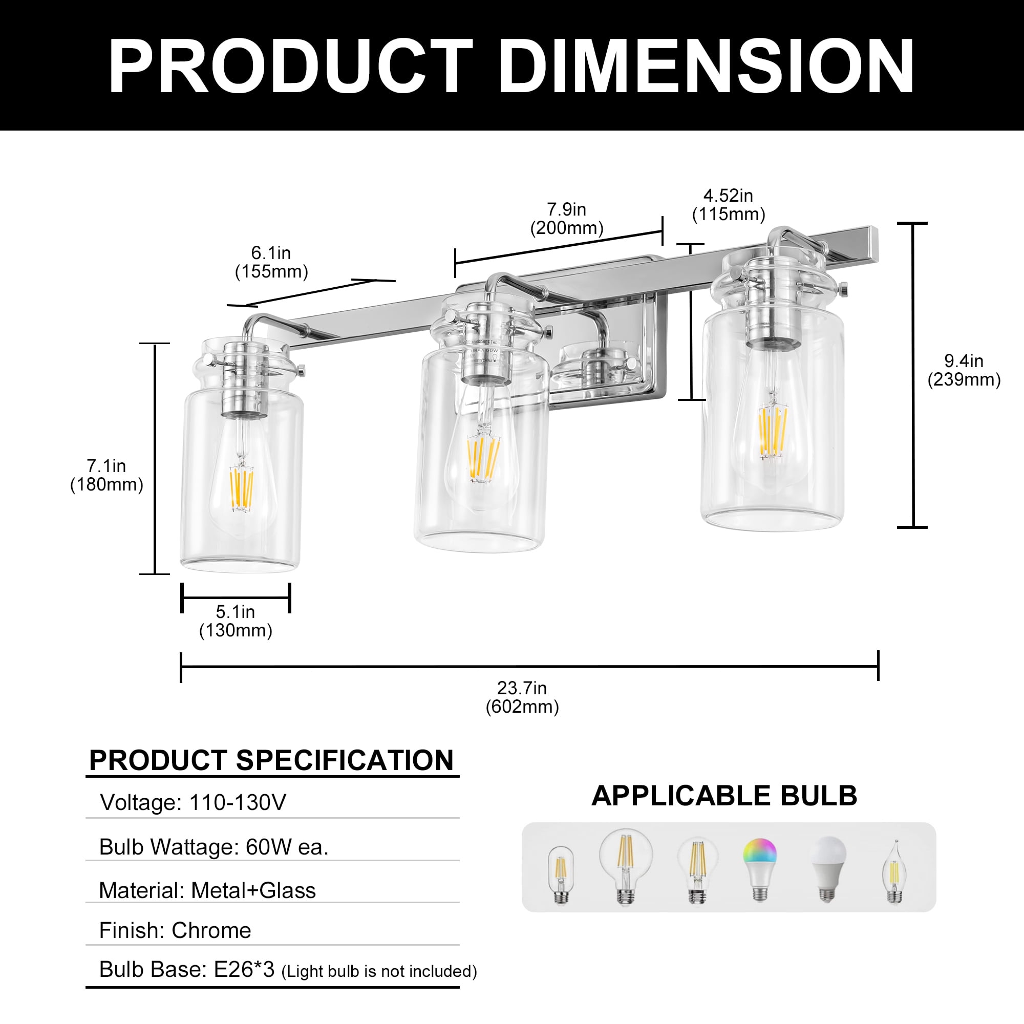 YANSUN 23.7" 3-Light Chrome Bathroom Vanity Light, E26 Base with Glass Shades for Mirror, Makeup, Dressing Room (Bulbs Not Included)