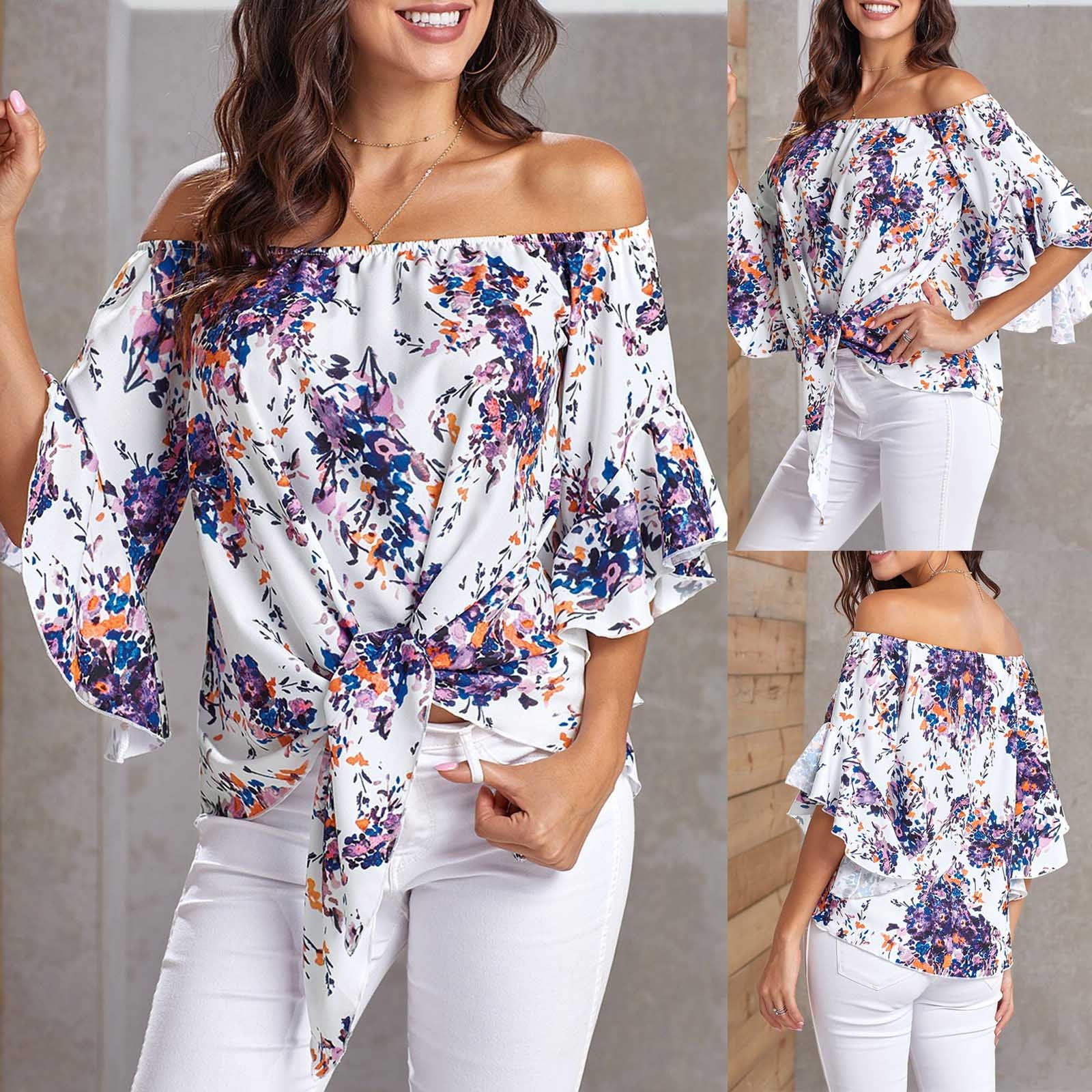 Reskyd ved godt Supersonic hastighed Xysaqa Shirts For Women Party Tops For Women Off The Shoulder Tops For  Women Short Sleeve Printed Blouse Tops Clothes T Shirt Party Tops For Women  On Clearance - Walmart.com