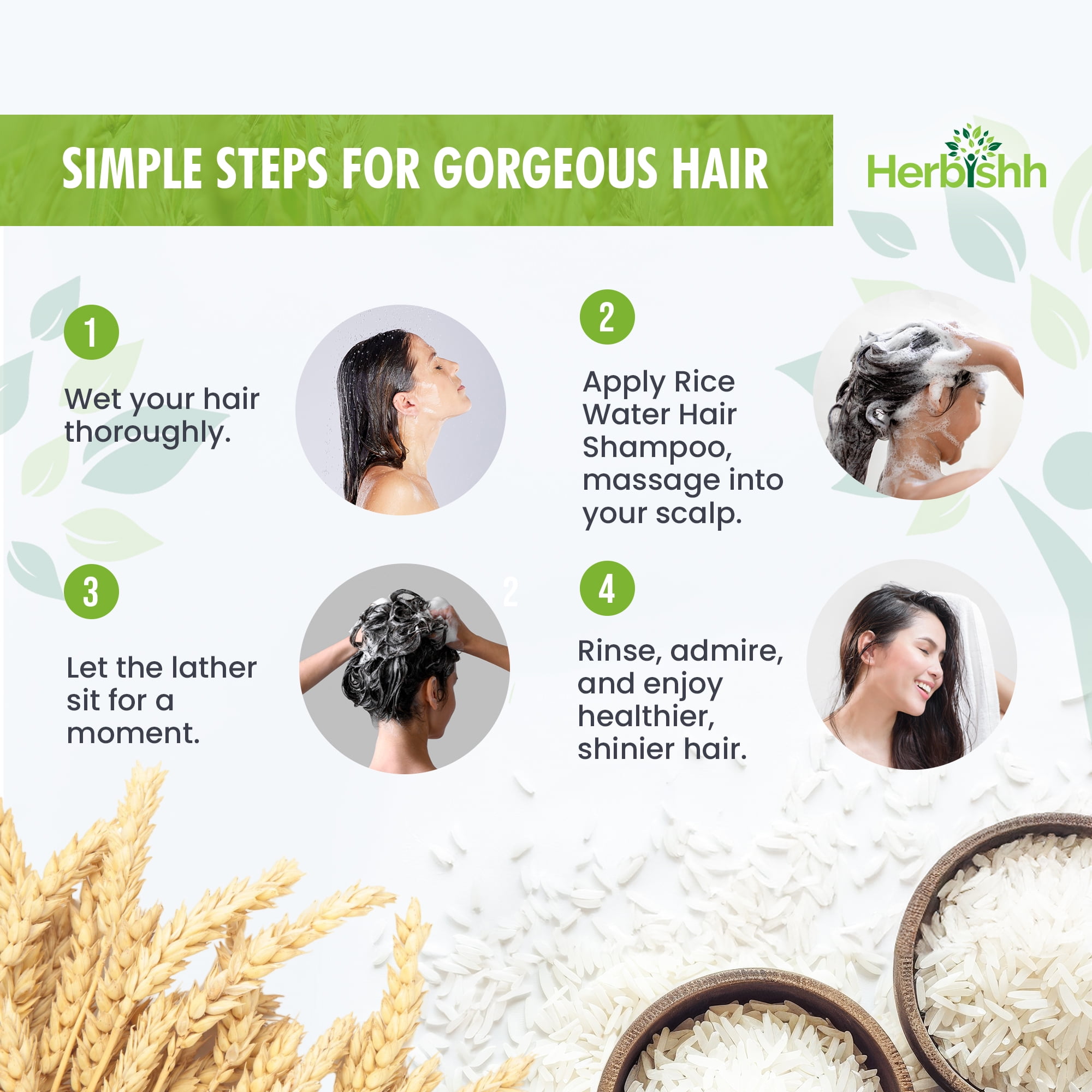(2 pack) Herbishh Rice Water Hair Growth Shampoo - 400ml with Power of Castor Oil, Argan & Coconut Oil & Biotin | All Hair Type | Hair regrowth for Thinning Hair, Moisturizing & Volumizing | Silicone Free