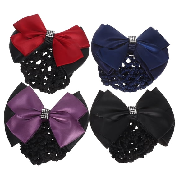 OUNONA 4-Pack Bowknot Hair Nets with Bow Barrette Clips, Non- Crochet Hairnet Bun Covers for Women and Ladies