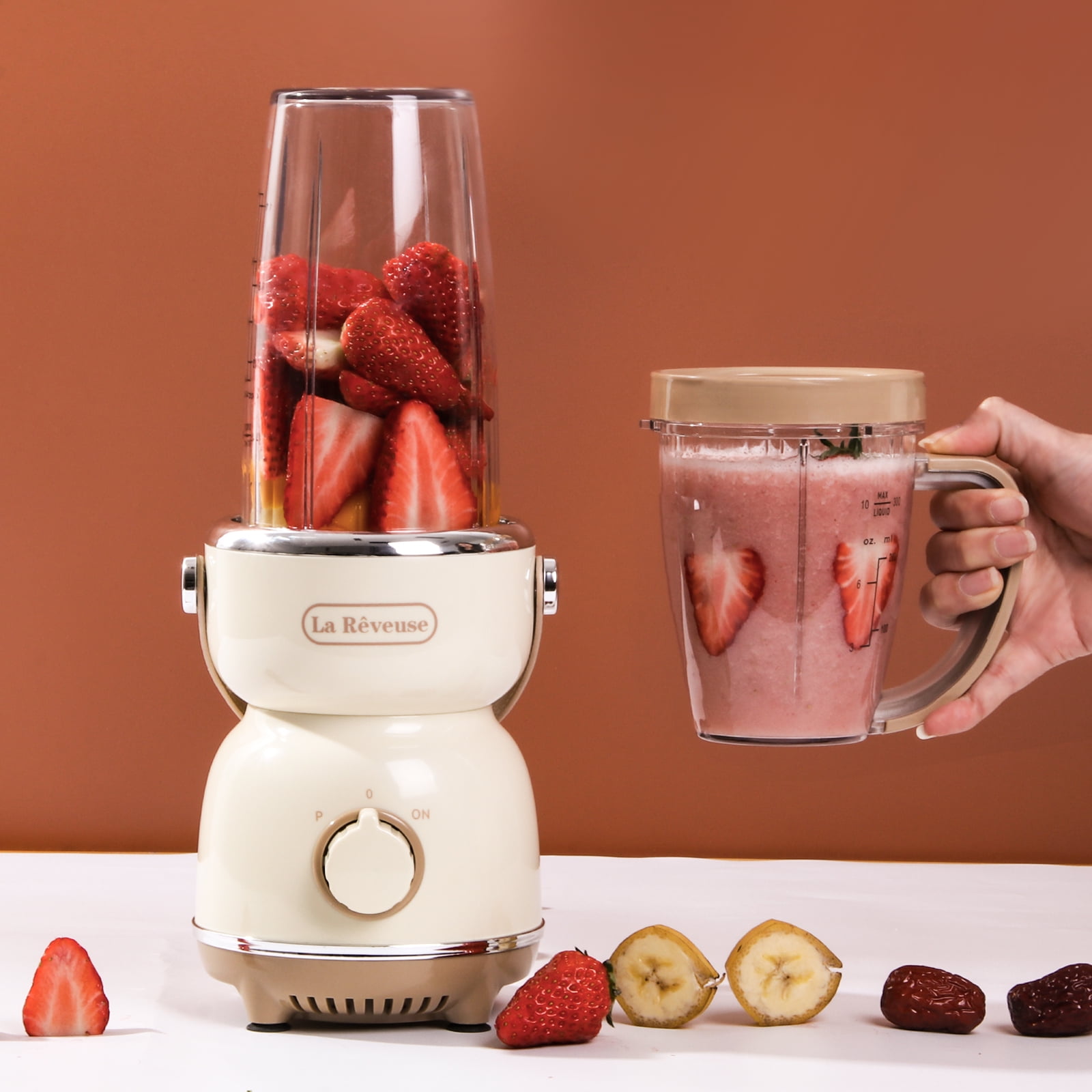 La Reveuse Personal Size Blender 300 Watts for Shakes Smoothies Seasonings Sauces with 17 oz Cup / 10 oz Mug,Retro Style