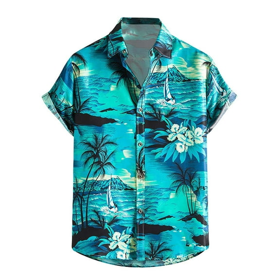 Stamzod Hawaiian Shirt for Men Fashion Plam Printed Summer Short Sleeve Button Down Shirt Casual Loose Plus Size Beach Shirts for Men Sky Blue XXL