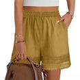 thumbnail image 4 of Brnmxoke Linen Summer Shorts for Women Plus Size Casual Elastic Waist Lounge Shorts Comfy Stretch Lace Trim Beach Shorts with Pockets Yellow,XL, 4 of 8