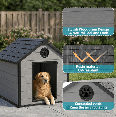 fazzn Large Dog House Outdoor, Insulated Waterproof Resin Dog Kennel with Elevated Floor, All-Weather Dog Shelter for Medium Large Dogs, Easy Assembly.Black-gray,Father's Day Gift