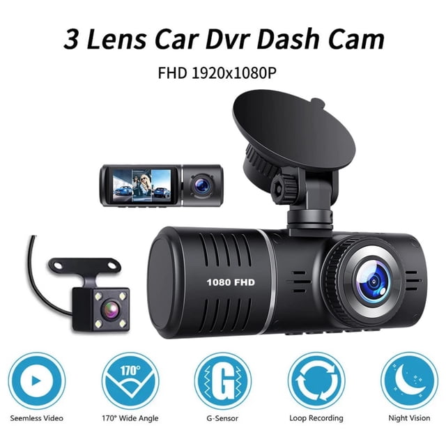 DVR para Auto Dash Cam Delantero y Trasero, Cámara de Tablero 1080P para Cars, Cámara Delantera y Trasera de 3 Canales, Grabación en Bucle, Visión Nocturna, HDR, Estacionamiento de 24 Horas, Sensor G