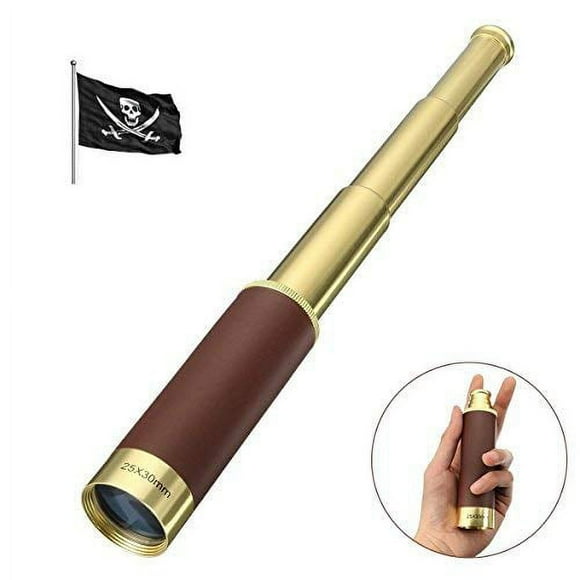 Retro Pirate Telescope Zoomable 25x30 Pocket Monocular Portable Collapsible Waterproof Captain Jack's Spyglass Handheld Telescope Vintage Telescope for Kids with Rudder Compass