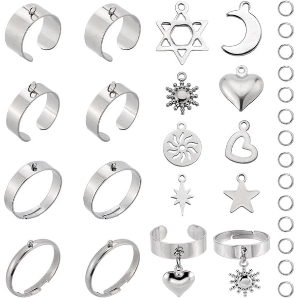 8 juegos de 36 anillos de acero inoxidable con forma de luna y estrella, de plata punk, con forma de corazón y metal, ajustables.