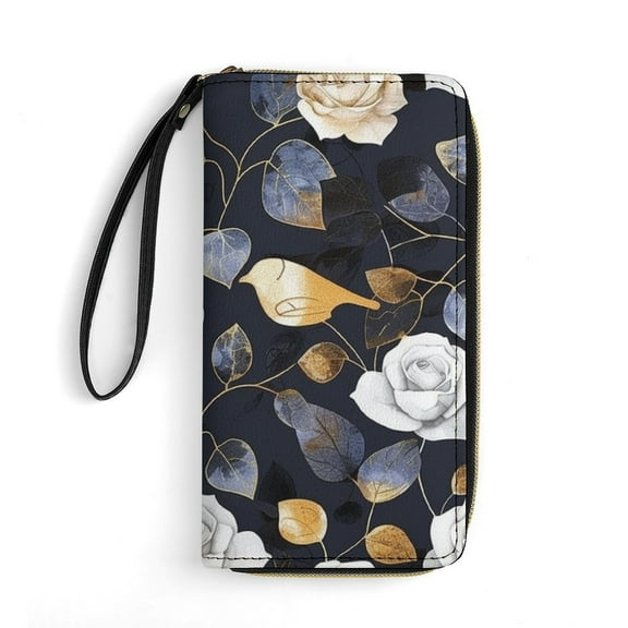 Womens Wallet Bifold Ladies Cluth Bag Wristlet Wrist Strap Long Purse Vintage Flowers Butterfly Design