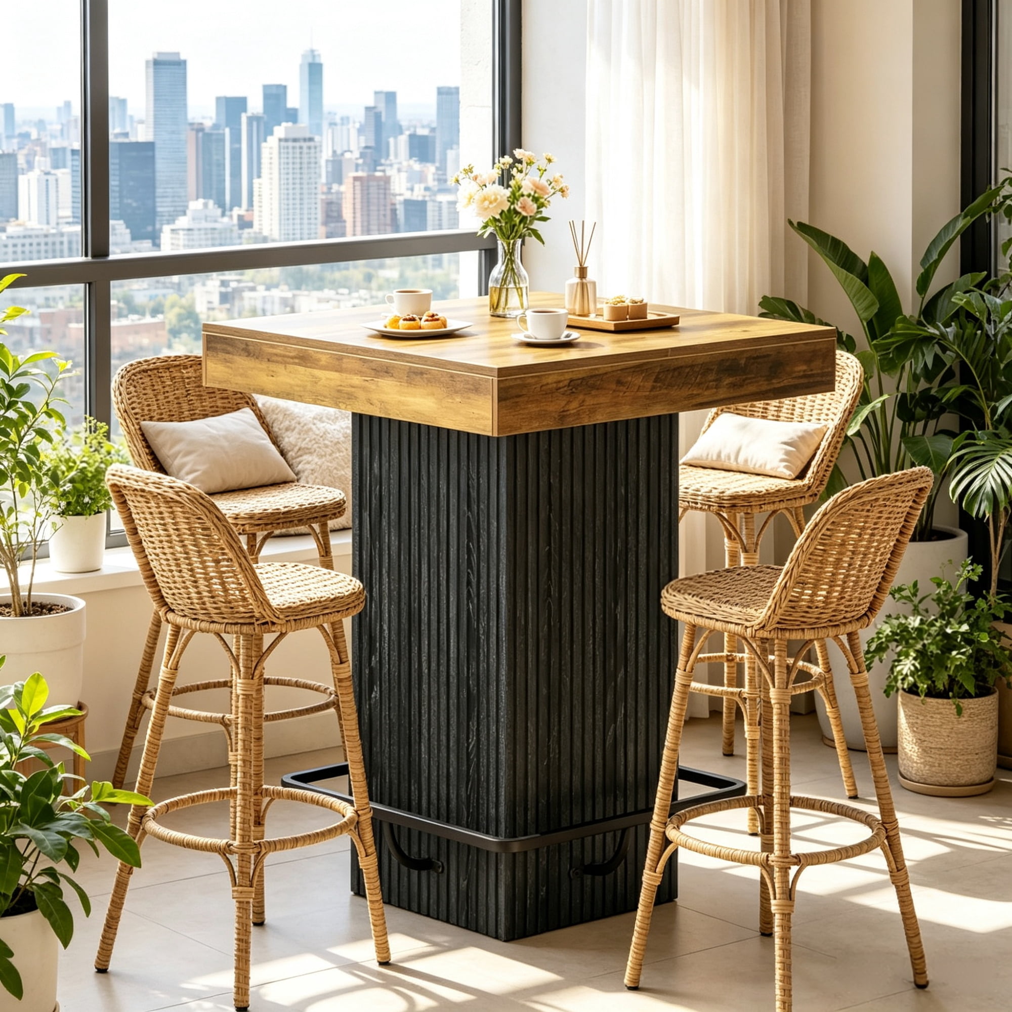 31.5 in Counter Height Bar Table, Square Dining Table with Metal Footrest