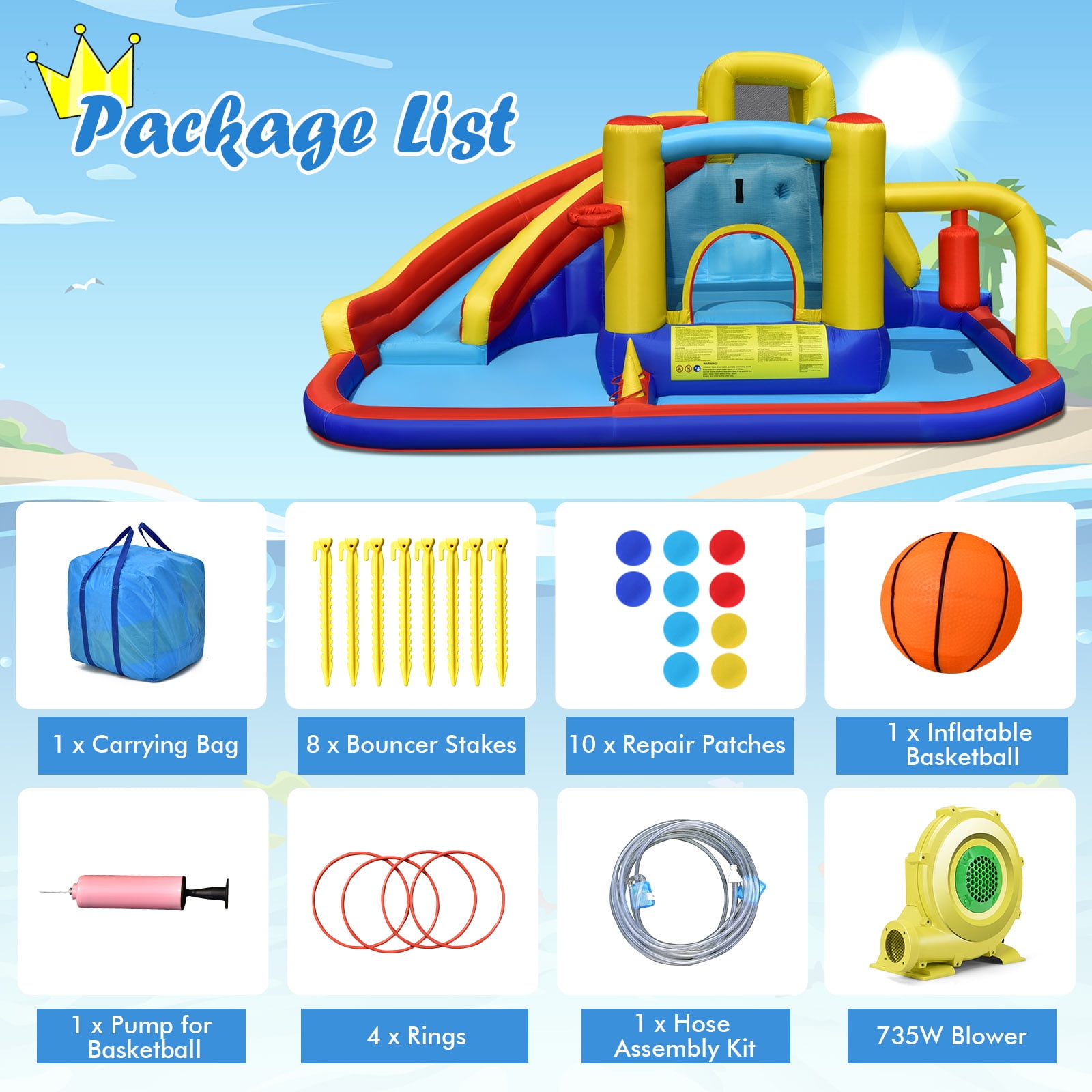 Infans 7-in-1 Inflatable Water Slide Water Park Kids Bounce Castle With 735W Air Blower