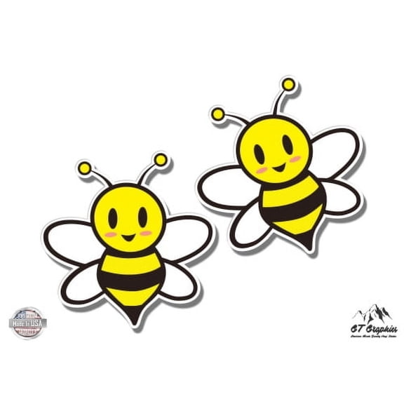 Cute Bees Set of 2 Adorable - 2" Each Vinyl Stickers - For Car Laptop I-Pad Phone Helmet Hard Hat - Waterproof Decal