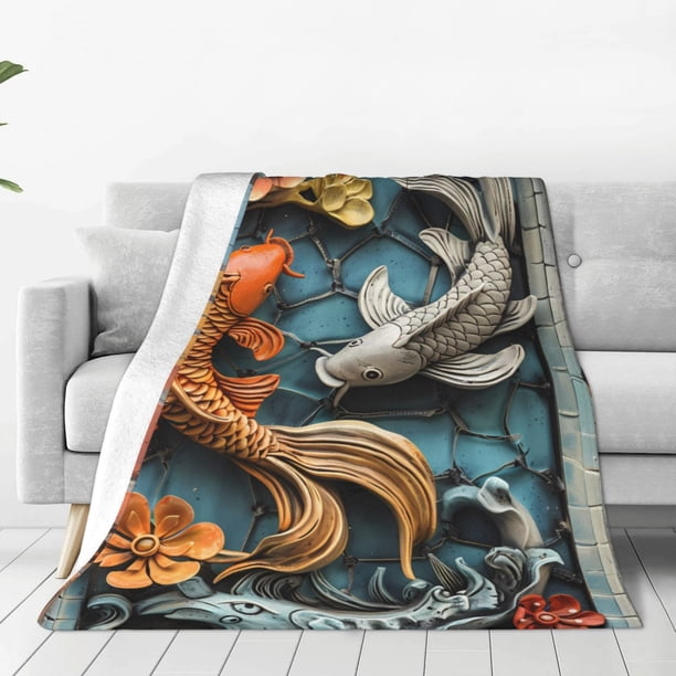 Fotbe Colorful Koi Fish Art Manta de Franela Acolchonada con Estampado, Súper Suave y Esponjosa, Extra Grande para Sofá, Cama, Uso Todo el Año-60"x50"