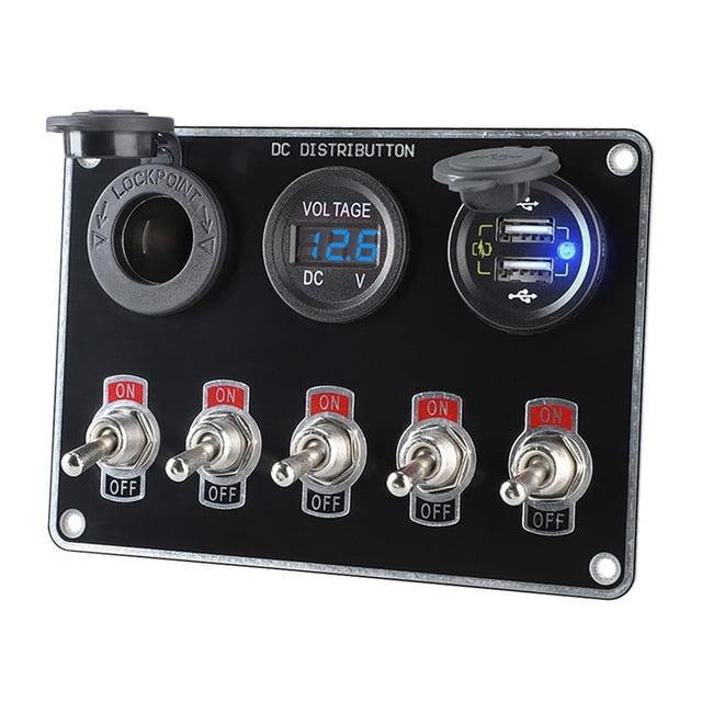 Panel de interruptores de barco de 5 bandas para coche, combinación de salida de 12V, doble USB, remolque de 12V/24V Luz azul kusrkot panel de interruptores