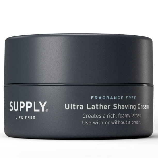 Crema de afeitar Supply Ultra Lather sin fragancia - Fórmula hipoalergénica para hombres - Frasco de 3.4 oz - Calma y protege naturalmente, previene la irritación y las quemaduras por afeitado.