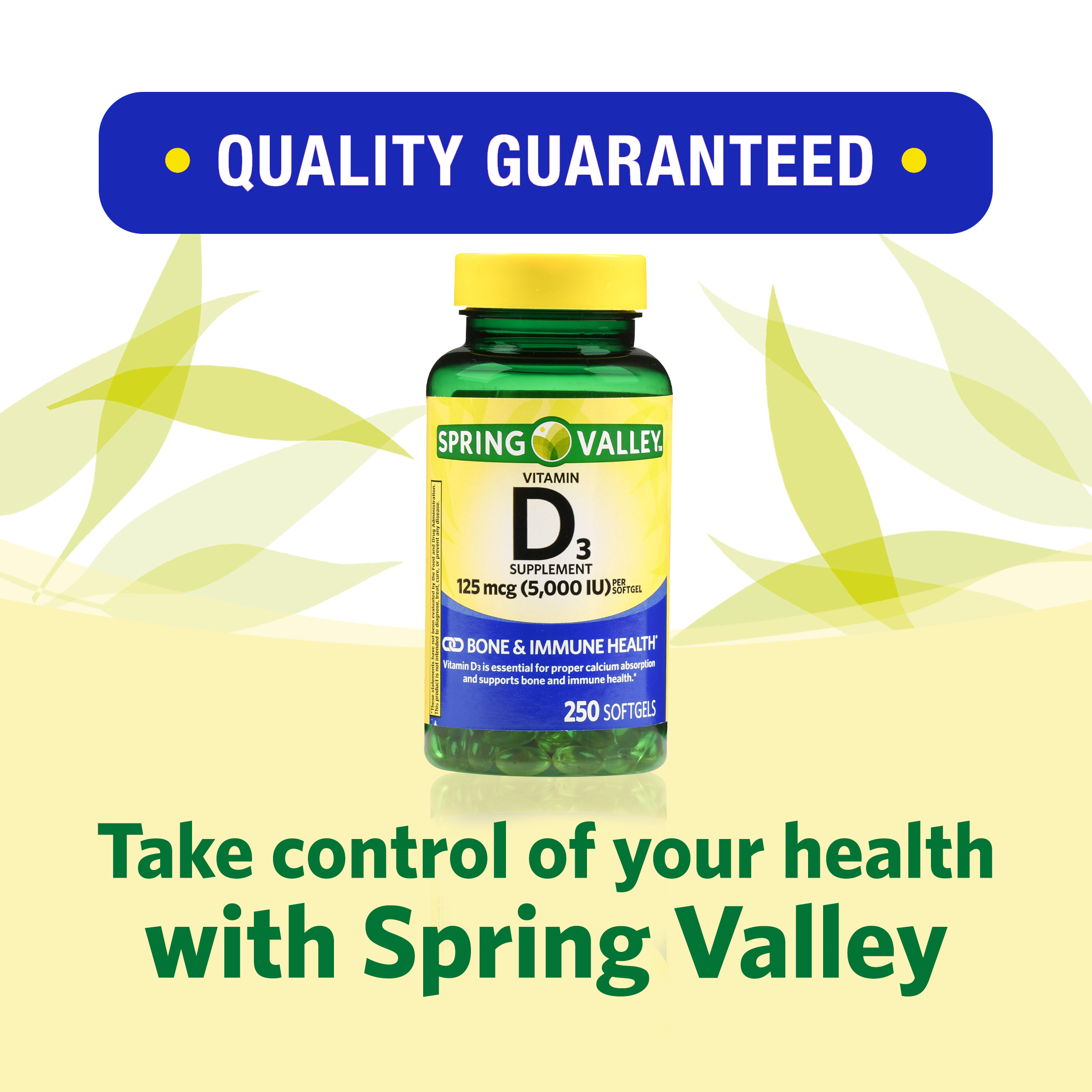 Spring Valley Vitamin D3 Softgels, 125 mcg per Softgel, 5,000 IU, 250 Count - image 4 of 16